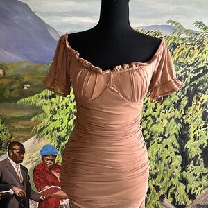 Tan off shoulder ruched mesh dress